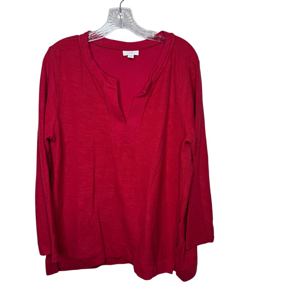 J. Jill Women’s Red Split Neck Top‎ L Petite Long Sleeve Cotton Blend